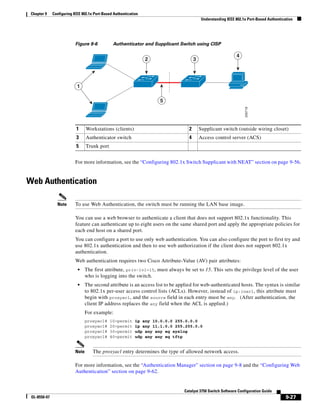 9-27
Catalyst 3750 Switch Software Configuration Guide
OL-8550-07
Chapter 9 Configuring IEEE 802.1x Port-Based Authentication
Understanding IEEE 802.1x Port-Based Authentication
Figure 9-6 Authenticator and Supplicant Switch using CISP
For more information, see the “Configuring 802.1x Switch Supplicant with NEAT” section on page 9-56.
Web Authentication
Note To use Web Authentication, the switch must be running the LAN base image.
You can use a web browser to authenticate a client that does not support 802.1x functionality. This
feature can authenticate up to eight users on the same shared port and apply the appropriate policies for
each end host on a shared port.
You can configure a port to use only web authentication. You can also configure the port to first try and
use 802.1x authentication and then to use web authorization if the client does not support 802.1x
authentication.
Web authentication requires two Cisco Attribute-Value (AV) pair attributes:
• The first attribute, priv-lvl=15, must always be set to 15. This sets the privilege level of the user
who is logging into the switch.
• The second attribute is an access list to be applied for web-authenticated hosts. The syntax is similar
to 802.1x per-user access control lists (ACLs). However, instead of ip:inacl, this attribute must
begin with proxyacl, and the source field in each entry must be any. (After authentication, the
client IP address replaces the any field when the ACL is applied.)
For example:
proxyacl# 10=permit ip any 10.0.0.0 255.0.0.0
proxyacl# 20=permit ip any 11.1.0.0 255.255.0.0
proxyacl# 30=permit udp any any eq syslog
proxyacl# 40=permit udp any any eq tftp
Note The proxyacl entry determines the type of allowed network access.
For more information, see the “Authentication Manager” section on page 9-8 and the “Configuring Web
Authentication” section on page 9-62.
1 Workstations (clients) 2 Supplicant switch (outside wiring closet)
3 Authenticator switch 4 Access control server (ACS)
5 Trunk port
205718
1
2 3
5
4
 