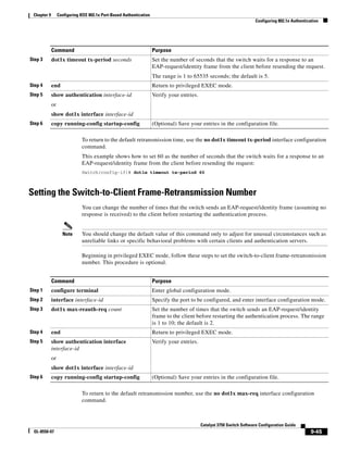 9-45
Catalyst 3750 Switch Software Configuration Guide
OL-8550-07
Chapter 9 Configuring IEEE 802.1x Port-Based Authentication
Configuring 802.1x Authentication
To return to the default retransmission time, use the no dot1x timeout tx-period interface configuration
command.
This example shows how to set 60 as the number of seconds that the switch waits for a response to an
EAP-request/identity frame from the client before resending the request:
Switch(config-if)# dot1x timeout tx-period 60
Setting the Switch-to-Client Frame-Retransmission Number
You can change the number of times that the switch sends an EAP-request/identity frame (assuming no
response is received) to the client before restarting the authentication process.
Note You should change the default value of this command only to adjust for unusual circumstances such as
unreliable links or specific behavioral problems with certain clients and authentication servers.
Beginning in privileged EXEC mode, follow these steps to set the switch-to-client frame-retransmission
number. This procedure is optional.
To return to the default retransmission number, use the no dot1x max-req interface configuration
command.
Step 3 dot1x timeout tx-period seconds Set the number of seconds that the switch waits for a response to an
EAP-request/identity frame from the client before resending the request.
The range is 1 to 65535 seconds; the default is 5.
Step 4 end Return to privileged EXEC mode.
Step 5 show authentication interface-id
or
show dot1x interface interface-id
Verify your entries.
Step 6 copy running-config startup-config (Optional) Save your entries in the configuration file.
Command Purpose
Command Purpose
Step 1 configure terminal Enter global configuration mode.
Step 2 interface interface-id Specify the port to be configured, and enter interface configuration mode.
Step 3 dot1x max-reauth-req count Set the number of times that the switch sends an EAP-request/identity
frame to the client before restarting the authentication process. The range
is 1 to 10; the default is 2.
Step 4 end Return to privileged EXEC mode.
Step 5 show authentication interface
interface-id
or
show dot1x interface interface-id
Verify your entries.
Step 6 copy running-config startup-config (Optional) Save your entries in the configuration file.
 