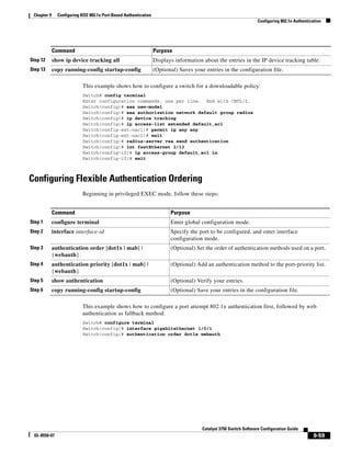 9-59
Catalyst 3750 Switch Software Configuration Guide
OL-8550-07
Chapter 9 Configuring IEEE 802.1x Port-Based Authentication
Configuring 802.1x Authentication
This example shows how to configure a switch for a downloadable policy:
Switch# config terminal
Enter configuration commands, one per line. End with CNTL/Z.
Switch(config)# aaa new-model
Switch(config)# aaa authorization network default group radius
Switch(config)# ip device tracking
Switch(config)# ip access-list extended default_acl
Switch(config-ext-nacl)# permit ip any any
Switch(config-ext-nacl)# exit
Switch(config)# radius-server vsa send authentication
Switch(config)# int fastEthernet 2/13
Switch(config-if)# ip access-group default_acl in
Switch(config-if)# exit
Configuring Flexible Authentication Ordering
Beginning in privileged EXEC mode, follow these steps:
This example shows how to configure a port attempt 802.1x authentication first, followed by web
authentication as fallback method:
Switch# configure terminal
Switch(config)# interface gigabitethernet 1/0/1
Switch(config)# authentication order dot1x webauth
Step 12 show ip device tracking all Displays information about the entries in the IP device tracking table.
Step 13 copy running-config startup-config (Optional) Saves your entries in the configuration file.
Command Purpose
Command Purpose
Step 1 configure terminal Enter global configuration mode.
Step 2 interface interface-id Specify the port to be configured, and enter interface
configuration mode.
Step 3 authentication order [dot1x | mab] |
{webauth}
(Optional) Set the order of authentication methods used on a port.
Step 4 authentication priority [dot1x | mab] |
{webauth}
(Optional) Add an authentication method to the port-priority list.
Step 5 show authentication (Optional) Verify your entries.
Step 6 copy running-config startup-config (Optional) Save your entries in the configuration file.
 