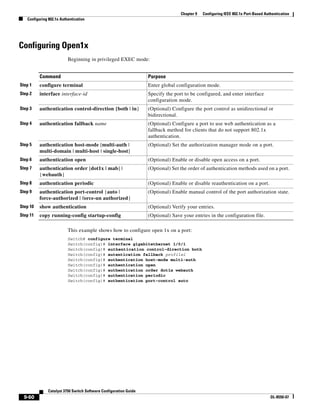 9-60
Catalyst 3750 Switch Software Configuration Guide
OL-8550-07
Chapter 9 Configuring IEEE 802.1x Port-Based Authentication
Configuring 802.1x Authentication
Configuring Open1x
Beginning in privileged EXEC mode:
This example shows how to configure open 1x on a port:
Switch# configure terminal
Switch(config)# interface gigabitethernet 1/0/1
Switch(config)# authentication control-direction both
Switch(config)# autentication fallback profile1
Switch(config)# authentication host-mode multi-auth
Switch(config)# authentication open
Switch(config)# authentication order dot1x webauth
Switch(config)# authentication periodic
Switch(config)# authentication port-control auto
Command Purpose
Step 1 configure terminal Enter global configuration mode.
Step 2 interface interface-id Specify the port to be configured, and enter interface
configuration mode.
Step 3 authentication control-direction {both | in} (Optional) Configure the port control as unidirectional or
bidirectional.
Step 4 authentication fallback name (Optional) Configure a port to use web authentication as a
fallback method for clients that do not support 802.1x
authentication.
Step 5 authentication host-mode [multi-auth |
multi-domain | multi-host | single-host]
(Optional) Set the authorization manager mode on a port.
Step 6 authentication open (Optional) Enable or disable open access on a port.
Step 7 authentication order [dot1x | mab] |
{webauth}
(Optional) Set the order of authentication methods used on a port.
Step 8 authentication periodic (Optional) Enable or disable reauthentication on a port.
Step 9 authentication port-control {auto |
force-authorized | force-un authorized}
(Optional) Enable manual control of the port authorization state.
Step 10 show authentication (Optional) Verify your entries.
Step 11 copy running-config startup-config (Optional) Save your entries in the configuration file.
 