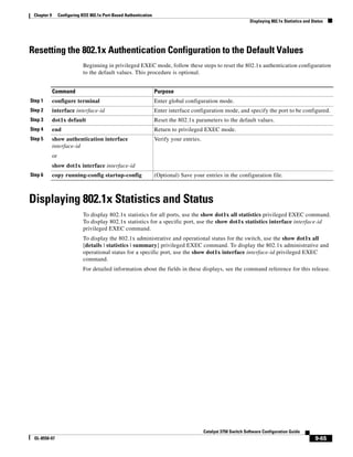 9-65
Catalyst 3750 Switch Software Configuration Guide
OL-8550-07
Chapter 9 Configuring IEEE 802.1x Port-Based Authentication
Displaying 802.1x Statistics and Status
Resetting the 802.1x Authentication Configuration to the Default Values
Beginning in privileged EXEC mode, follow these steps to reset the 802.1x authentication configuration
to the default values. This procedure is optional.
Displaying 802.1x Statistics and Status
To display 802.1x statistics for all ports, use the show dot1x all statistics privileged EXEC command.
To display 802.1x statistics for a specific port, use the show dot1x statistics interface interface-id
privileged EXEC command.
To display the 802.1x administrative and operational status for the switch, use the show dot1x all
[details | statistics | summary] privileged EXEC command. To display the 802.1x administrative and
operational status for a specific port, use the show dot1x interface interface-id privileged EXEC
command.
For detailed information about the fields in these displays, see the command reference for this release.
Command Purpose
Step 1 configure terminal Enter global configuration mode.
Step 2 interface interface-id Enter interface configuration mode, and specify the port to be configured.
Step 3 dot1x default Reset the 802.1x parameters to the default values.
Step 4 end Return to privileged EXEC mode.
Step 5 show authentication interface
interface-id
or
show dot1x interface interface-id
Verify your entries.
Step 6 copy running-config startup-config (Optional) Save your entries in the configuration file.
 