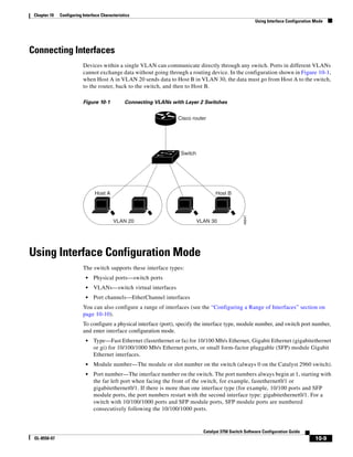 10-9
Catalyst 3750 Switch Software Configuration Guide
OL-8550-07
Chapter 10 Configuring Interface Characteristics
Using Interface Configuration Mode
Connecting Interfaces
Devices within a single VLAN can communicate directly through any switch. Ports in different VLANs
cannot exchange data without going through a routing device. In the configuration shown in Figure 10-1,
when Host A in VLAN 20 sends data to Host B in VLAN 30, the data must go from Host A to the switch,
to the router, back to the switch, and then to Host B.
Figure 10-1 Connecting VLANs with Layer 2 Switches
Using Interface Configuration Mode
The switch supports these interface types:
• Physical ports—switch ports
• VLANs—switch virtual interfaces
• Port channels—EtherChannel interfaces
You can also configure a range of interfaces (see the “Configuring a Range of Interfaces” section on
page 10-10).
To configure a physical interface (port), specify the interface type, module number, and switch port number,
and enter interface configuration mode.
• Type—Fast Ethernet (fastethernet or fa) for 10/100 Mb/s Ethernet, Gigabit Ethernet (gigabitethernet
or gi) for 10/100/1000 Mb/s Ethernet ports, or small form-factor pluggable (SFP) module Gigabit
Ethernet interfaces.
• Module number—The module or slot number on the switch (always 0 on the Catalyst 2960 switch).
• Port number—The interface number on the switch. The port numbers always begin at 1, starting with
the far left port when facing the front of the switch, for example, fastethernet0/1 or
gigabitethernet0/1. If there is more than one interface type (for example, 10/100 ports and SFP
module ports, the port numbers restart with the second interface type: gigabitethernet0/1. For a
switch with 10/100/1000 ports and SFP module ports, SFP module ports are numbered
consecutively following the 10/100/1000 ports.
Host A
Switch
Cisco router
VLAN 20
Host B
VLAN 30
46647
 