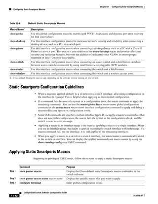11-12
Catalyst 3750 Switch Software Configuration Guide
OL-8550-07
Chapter 11 Configuring Auto Smartports Macros
Configuring Static Smartports Macros
Static Smartports Configuration Guidelines
• When a macro is applied globally to a switch or to a switch interface, all existing configuration on
the interface is retained. This is helpful when applying an incremental configuration.
• If a command fails because of a syntax or a configuration error, the macro continues to apply the
remaining commands. You can use the macro global trace macro-name global configuration
command or the macro trace macro-name interface configuration command to apply and debug a
macro to find any syntax or configuration errors.
• Some CLI commands are specific to certain interface types. If you apply a macro to an interface that
does not accept the configuration, the macro fails the syntax or the configuration check, and the
switch returns an error message.
• Applying a macro to an interface range is the same as applying a macro to a single interface. When
you use an interface range, the macro is applied sequentially to each interface within the range. If a
macro command fails on one interface, it is still applied to the remaining interfaces.
• When you apply a macro to a switch or a switch interface, the macro name is automatically added
to the switch or interface. You can display the applied commands and macro names by using the
show running-config user EXEC command.
Applying Static Smartports Macros
Beginning in privileged EXEC mode, follow these steps to apply a static Smartports macro:
Table 11-4 Default Static Smartports Macros
Macro Name1
1. Cisco-default Smartports macros vary, depending on the software version running on your switch.
Description
cisco-global Use this global configuration macro to enable rapid PVST+, loop guard, and dynamic port error recovery
for link state failures.
cisco-desktop Use this interface configuration macro for increased network security and reliability when connecting a
desktop device, such as a PC, to a switch port.
cisco-phone Use this interface configuration macro when connecting a desktop device such as a PC with a Cisco IP
Phone to a switch port. This macro is an extension of the cisco-desktop macro and provides the same
security and resiliency features, but with the addition of dedicated voice VLANs to ensure proper
treatment of delay-sensitive voice traffic.
cisco-switch Use this interface configuration macro when connecting an access switch and a distribution switch or
between access switches connected by using small form-factor pluggable (SFP) modules.
cisco-router Use this interface configuration macro when connecting the switch and a WAN router.
cisco-wireless Use this interface configuration macro when connecting the switch and a wireless access point.
Command Purpose
Step 1 show parser macro Display the Cisco-default static Smartports macros embedded in the
switch software.
Step 2 show parser macro name macro-name Display the specific macro that you want to apply.
Step 3 configure terminal Enter global configuration mode.
 