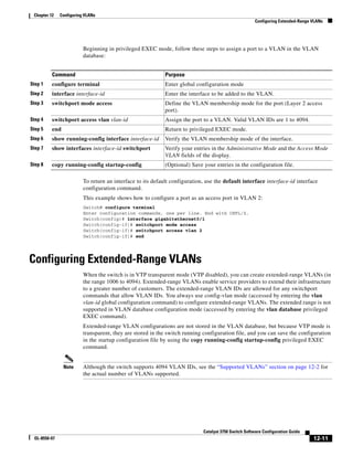 12-11
Catalyst 3750 Switch Software Configuration Guide
OL-8550-07
Chapter 12 Configuring VLANs
Configuring Extended-Range VLANs
Beginning in privileged EXEC mode, follow these steps to assign a port to a VLAN in the VLAN
database:
To return an interface to its default configuration, use the default interface interface-id interface
configuration command.
This example shows how to configure a port as an access port in VLAN 2:
Switch# configure terminal
Enter configuration commands, one per line. End with CNTL/Z.
Switch(config)# interface gigabitethernet0/1
Switch(config-if)# switchport mode access
Switch(config-if)# switchport access vlan 2
Switch(config-if)# end
Configuring Extended-Range VLANs
When the switch is in VTP transparent mode (VTP disabled), you can create extended-range VLANs (in
the range 1006 to 4094). Extended-range VLANs enable service providers to extend their infrastructure
to a greater number of customers. The extended-range VLAN IDs are allowed for any switchport
commands that allow VLAN IDs. You always use config-vlan mode (accessed by entering the vlan
vlan-id global configuration command) to configure extended-range VLANs. The extended range is not
supported in VLAN database configuration mode (accessed by entering the vlan database privileged
EXEC command).
Extended-range VLAN configurations are not stored in the VLAN database, but because VTP mode is
transparent, they are stored in the switch running configuration file, and you can save the configuration
in the startup configuration file by using the copy running-config startup-config privileged EXEC
command.
Note Although the switch supports 4094 VLAN IDs, see the “Supported VLANs” section on page 12-2 for
the actual number of VLANs supported.
Command Purpose
Step 1 configure terminal Enter global configuration mode
Step 2 interface interface-id Enter the interface to be added to the VLAN.
Step 3 switchport mode access Define the VLAN membership mode for the port (Layer 2 access
port).
Step 4 switchport access vlan vlan-id Assign the port to a VLAN. Valid VLAN IDs are 1 to 4094.
Step 5 end Return to privileged EXEC mode.
Step 6 show running-config interface interface-id Verify the VLAN membership mode of the interface.
Step 7 show interfaces interface-id switchport Verify your entries in the Administrative Mode and the Access Mode
VLAN fields of the display.
Step 8 copy running-config startup-config (Optional) Save your entries in the configuration file.
 