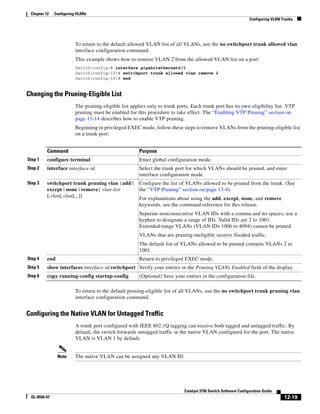 12-19
Catalyst 3750 Switch Software Configuration Guide
OL-8550-07
Chapter 12 Configuring VLANs
Configuring VLAN Trunks
To return to the default allowed VLAN list of all VLANs, use the no switchport trunk allowed vlan
interface configuration command.
This example shows how to remove VLAN 2 from the allowed VLAN list on a port:
Switch(config)# interface gigabitethernet0/1
Switch(config-if)# switchport trunk allowed vlan remove 2
Switch(config-if)# end
Changing the Pruning-Eligible List
The pruning-eligible list applies only to trunk ports. Each trunk port has its own eligibility list. VTP
pruning must be enabled for this procedure to take effect. The “Enabling VTP Pruning” section on
page 13-14 describes how to enable VTP pruning.
Beginning in privileged EXEC mode, follow these steps to remove VLANs from the pruning-eligible list
on a trunk port:
To return to the default pruning-eligible list of all VLANs, use the no switchport trunk pruning vlan
interface configuration command.
Configuring the Native VLAN for Untagged Traffic
A trunk port configured with IEEE 802.1Q tagging can receive both tagged and untagged traffic. By
default, the switch forwards untagged traffic in the native VLAN configured for the port. The native
VLAN is VLAN 1 by default.
Note The native VLAN can be assigned any VLAN ID.
Command Purpose
Step 1 configure terminal Enter global configuration mode.
Step 2 interface interface-id Select the trunk port for which VLANs should be pruned, and enter
interface configuration mode.
Step 3 switchport trunk pruning vlan {add |
except | none | remove} vlan-list
[,vlan[,vlan[,,,]]
Configure the list of VLANs allowed to be pruned from the trunk. (See
the “VTP Pruning” section on page 13-4).
For explanations about using the add, except, none, and remove
keywords, see the command reference for this release.
Separate nonconsecutive VLAN IDs with a comma and no spaces; use a
hyphen to designate a range of IDs. Valid IDs are 2 to 1001.
Extended-range VLANs (VLAN IDs 1006 to 4094) cannot be pruned.
VLANs that are pruning-ineligible receive flooded traffic.
The default list of VLANs allowed to be pruned contains VLANs 2 to
1001.
Step 4 end Return to privileged EXEC mode.
Step 5 show interfaces interface-id switchport Verify your entries in the Pruning VLANs Enabled field of the display.
Step 6 copy running-config startup-config (Optional) Save your entries in the configuration file.
 