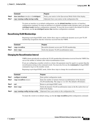12-27
Catalyst 3750 Switch Software Configuration Guide
OL-8550-07
Chapter 12 Configuring VLANs
Configuring VMPS
To return an interface to its default configuration, use the default interface interface-id interface
configuration command. To return an interface to its default switchport mode (dynamic auto), use the no
switchport mode interface configuration command. To reset the access mode to the default VLAN for
the switch, use the no switchport access vlan interface configuration command.
Reconfirming VLAN Memberships
Beginning in privileged EXEC mode, follow these steps to confirm the dynamic-access port VLAN
membership assignments that the switch has received from the VMPS:
Changing the Reconfirmation Interval
VMPS clients periodically reconfirm the VLAN membership information received from the VMPS.You
can set the number of minutes after which reconfirmation occurs.
If you are configuring a member switch in a cluster, this parameter must be equal to or greater than the
reconfirmation setting on the command switch. You must also first use the rcommand privileged EXEC
command to log in to the member switch.
Beginning in privileged EXEC mode, follow these steps to change the reconfirmation interval:
To return the switch to its default setting, use the no vmps reconfirm global configuration command.
Step 6 show interfaces interface-id switchport Verify your entries in the Operational Mode field of the display.
Step 7 copy running-config startup-config (Optional) Save your entries in the configuration file.
Command Purpose
Command Purpose
Step 1 vmps reconfirm Reconfirm dynamic-access port VLAN membership.
Step 2 show vmps Verify the dynamic VLAN reconfirmation status.
Command Purpose
Step 1 configure terminal Enter global configuration mode.
Step 2 vmps reconfirm minutes Enter the number of minutes between reconfirmations of the dynamic
VLAN membership. The range is 1 to 120. The default is 60 minutes.
Step 3 end Return to privileged EXEC mode.
Step 4 show vmps Verify the dynamic VLAN reconfirmation status in the Reconfirm Interval
field of the display.
Step 5 copy running-config startup-config (Optional) Save your entries in the configuration file.
 