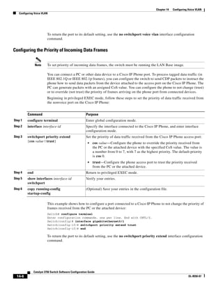 14-6
Catalyst 3750 Switch Software Configuration Guide
OL-8550-07
Chapter 14 Configuring Voice VLAN
Configuring Voice VLAN
To return the port to its default setting, use the no switchport voice vlan interface configuration
command.
Configuring the Priority of Incoming Data Frames
Note To set priority of incoming data frames, the switch must be running the LAN Base image.
You can connect a PC or other data device to a Cisco IP Phone port. To process tagged data traffic (in
IEEE 802.1Q or IEEE 802.1p frames), you can configure the switch to send CDP packets to instruct the
phone how to send data packets from the device attached to the access port on the Cisco IP Phone. The
PC can generate packets with an assigned CoS value. You can configure the phone to not change (trust)
or to override (not trust) the priority of frames arriving on the phone port from connected devices.
Beginning in privileged EXEC mode, follow these steps to set the priority of data traffic received from
the nonvoice port on the Cisco IP Phone:
This example shows how to configure a port connected to a Cisco IP Phone to not change the priority of
frames received from the PC or the attached device:
Switch# configure terminal
Enter configuration commands, one per line. End with CNTL/Z.
Switch(config)# interface gigabitethernet0/1
Switch(config-if)# switchport priority extend trust
Switch(config-if)# end
To return the port to its default setting, use the no switchport priority extend interface configuration
command.
Command Purpose
Step 1 configure terminal Enter global configuration mode.
Step 2 interface interface-id Specify the interface connected to the Cisco IP Phone, and enter interface
configuration mode.
Step 3 switchport priority extend
{cos value | trust}
Set the priority of data traffic received from the Cisco IP Phone access port:
• cos value—Configure the phone to override the priority received from
the PC or the attached device with the specified CoS value. The value is
a number from 0 to 7, with 7 as the highest priority. The default priority
is cos 0.
• trust—Configure the phone access port to trust the priority received
from the PC or the attached device.
Step 4 end Return to privileged EXEC mode.
Step 5 show interfaces interface-id
switchport
Verify your entries.
Step 6 copy running-config
startup-config
(Optional) Save your entries in the configuration file.
 