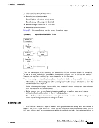 15-5
Catalyst 3750 Switch Software Configuration Guide
OL-8550-07
Chapter 15 Configuring STP
Understanding Spanning-Tree Features
An interface moves through these states:
• From initialization to blocking
• From blocking to listening or to disabled
• From listening to learning or to disabled
• From learning to forwarding or to disabled
• From forwarding to disabled
Figure 15-1 illustrates how an interface moves through the states.
Figure 15-1 Spanning-Tree Interface States
When you power up the switch, spanning tree is enabled by default, and every interface in the switch,
VLAN, or network goes through the blocking state and the transitory states of listening and learning.
Spanning tree stabilizes each interface at the forwarding or blocking state.
When the spanning-tree algorithm places a Layer 2 interface in the forwarding state, this process occurs:
1. The interface is in the listening state while spanning tree waits for protocol information to move the
interface to the blocking state.
2. While spanning tree waits the forward-delay timer to expire, it moves the interface to the learning
state and resets the forward-delay timer.
3. In the learning state, the interface continues to block frame forwarding as the switch learns
end-station location information for the forwarding database.
4. When the forward-delay timer expires, spanning tree moves the interface to the forwarding state,
where both learning and frame forwarding are enabled.
Blocking State
A Layer 2 interface in the blocking state does not participate in frame forwarding. After initialization, a
BPDU is sent to each switch interface. A switch initially functions as the root until it exchanges BPDUs
with other switches. This exchange establishes which switch in the network is the root or root switch. If
Power-on
initialization
Blocking
state
43569
Listening
state
Disabled
state
Learning
state
Forwarding
state
 