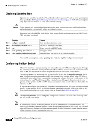 15-14
Catalyst 3750 Switch Software Configuration Guide
OL-8550-07
Chapter 15 Configuring STP
Configuring Spanning-Tree Features
Disabling Spanning Tree
Spanning tree is enabled by default on VLAN 1 and on all newly created VLANs up to the spanning-tree
limit specified in the “Supported Spanning-Tree Instances” section on page 15-9. Disable spanning tree
only if you are sure there are no loops in the network topology.
Caution When spanning tree is disabled and loops are present in the topology, excessive traffic and indefinite
packet duplication can drastically reduce network performance.
Beginning in privileged EXEC mode, follow these steps to disable spanning-tree on a per-VLAN basis.
This procedure is optional.
To re-enable spanning-tree, use the spanning-tree vlan vlan-id global configuration command.
Configuring the Root Switch
The switch maintains a separate spanning-tree instance for each active VLAN configured on it. A bridge
ID, consisting of the switch priority and the switch MAC address, is associated with each instance. For
each VLAN, the switch with the lowest bridge ID becomes the root switch for that VLAN.
To configure a switch to become the root for the specified VLAN, use the spanning-tree vlan vlan-id
root global configuration command to modify the switch priority from the default value (32768) to a
significantly lower value. When you enter this command, the software checks the switch priority of the
root switches for each VLAN. Because of the extended system ID support, the switch sets its own
priority for the specified VLAN to 24576 if this value will cause this switch to become the root for the
specified VLAN.
If any root switch for the specified VLAN has a switch priority lower than 24576, the switch sets its own
priority for the specified VLAN to 4096 less than the lowest switch priority. (4096 is the value of the
least-significant bit of a 4-bit switch priority value as shown in Table 15-1 on page 15-4.)
Note The spanning-tree vlan vlan-id root global configuration command fails if the value necessary to be
the root switch is less than 1.
Note If your network consists of switches that both do and do not support the extended system ID, it is
unlikely that the switch with the extended system ID support will become the root switch. The extended
system ID increases the switch priority value every time the VLAN number is greater than the priority
of the connected switches running older software.
Command Purpose
Step 1 configure terminal Enter global configuration mode.
Step 2 no spanning-tree vlan vlan-id For vlan-id, the range is 1 to 4094.
Step 3 end Return to privileged EXEC mode.
Step 4 show spanning-tree vlan vlan-id Verify your entries.
Step 5 copy running-config startup-config (Optional) Save your entries in the configuration file.
 