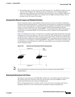 16-7
Catalyst 3750 Switch Software Configuration Guide
OL-8550-07
Chapter 16 Configuring MSTP
Understanding MSTP
• The boundary port is not the root port of the CIST regional root—The MSTI ports follow the state
and role of the CIST port. The standard provides less information, and it might be difficult to
understand why an MSTI port can be alternately blocking when it receives no BPDUs (MRecords).
In this case, although the boundary role no longer exists, the show commands identify a port as
boundary in the type column of the output.
Interoperation Between Legacy and Standard Switches
Because automatic detection of prestandard switches can fail, you can use an interface configuration
command to identify prestandard ports. A region cannot be formed between a standard and a prestandard
switch, but they can interoperate by using the CIST. Only the capability of load balancing over different
instances is lost in that particular case. The CLI displays different flags depending on the port
configuration when a port receives prestandard BPDUs. A syslog message also appears the first time a
switch receives a prestandard BPDU on a port that has not been configured for prestandard BPDU
transmission.
Figure 16-2 illustrates this scenario. Assume that A is a standard switch and B a prestandard switch, both
configured to be in the same region. A is the root switch for the CIST, and thus B has a root port (BX)
on segment X and an alternate port (BY) on segment Y. If segment Y flaps, and the port on BY becomes
the alternate before sending out a single prestandard BPDU, AY cannot detect that a prestandard switch
is connected to Y and continues to send standard BPDUs. The port BY is thus fixed in a boundary, and
no load balancing is possible between A and B. The same problem exists on segment X, but B might
transmit topology changes.
Figure 16-2 Standard and Prestandard Switch Interoperation
Note We recommend that you minimize the interaction between standard and prestandard MST
implementations.
Detecting Unidirectional Link Failure
This feature is not yet present in the IEEE MST standard, but it is included in this Cisco IOS release.
The software checks the consistency of the port role and state in the received BPDUs to detect
unidirectional link failures that could cause bridging loops.
When a designated port detects a conflict, it keeps its role, but reverts to discarding state because
disrupting connectivity in case of inconsistency is preferable to opening a bridging loop.
Segment X MST
Region
Segment Y
92721
Switch A
Switch B
 