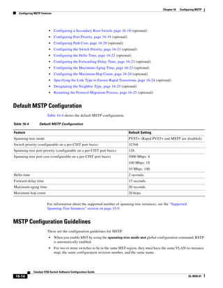 16-14
Catalyst 3750 Switch Software Configuration Guide
OL-8550-07
Chapter 16 Configuring MSTP
Configuring MSTP Features
• Configuring a Secondary Root Switch, page 16-18 (optional)
• Configuring Port Priority, page 16-19 (optional)
• Configuring Path Cost, page 16-20 (optional)
• Configuring the Switch Priority, page 16-21 (optional)
• Configuring the Hello Time, page 16-22 (optional)
• Configuring the Forwarding-Delay Time, page 16-23 (optional)
• Configuring the Maximum-Aging Time, page 16-23 (optional)
• Configuring the Maximum-Hop Count, page 16-24 (optional)
• Specifying the Link Type to Ensure Rapid Transitions, page 16-24 (optional)
• Designating the Neighbor Type, page 16-25 (optional)
• Restarting the Protocol Migration Process, page 16-25 (optional)
Default MSTP Configuration
Table 16-4 shows the default MSTP configuration.
For information about the supported number of spanning-tree instances, see the “Supported
Spanning-Tree Instances” section on page 15-9.
MSTP Configuration Guidelines
These are the configuration guidelines for MSTP:
• When you enable MST by using the spanning-tree mode mst global configuration command, RSTP
is automatically enabled.
• For two or more switches to be in the same MST region, they must have the same VLAN-to-instance
map, the same configuration revision number, and the same name.
Table 16-4 Default MSTP Configuration
Feature Default Setting
Spanning-tree mode PVST+ (Rapid PVST+ and MSTP are disabled).
Switch priority (configurable on a per-CIST port basis) 32768.
Spanning-tree port priority (configurable on a per-CIST port basis) 128.
Spanning-tree port cost (configurable on a per-CIST port basis) 1000 Mbps: 4.
100 Mbps: 19.
10 Mbps: 100.
Hello time 2 seconds.
Forward-delay time 15 seconds.
Maximum-aging time 20 seconds.
Maximum hop count 20 hops.
 