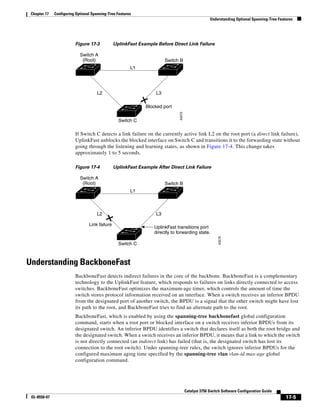 17-5
Catalyst 3750 Switch Software Configuration Guide
OL-8550-07
Chapter 17 Configuring Optional Spanning-Tree Features
Understanding Optional Spanning-Tree Features
Figure 17-3 UplinkFast Example Before Direct Link Failure
If Switch C detects a link failure on the currently active link L2 on the root port (a direct link failure),
UplinkFast unblocks the blocked interface on Switch C and transitions it to the forwarding state without
going through the listening and learning states, as shown in Figure 17-4. This change takes
approximately 1 to 5 seconds.
Figure 17-4 UplinkFast Example After Direct Link Failure
Understanding BackboneFast
BackboneFast detects indirect failures in the core of the backbone. BackboneFast is a complementary
technology to the UplinkFast feature, which responds to failures on links directly connected to access
switches. BackboneFast optimizes the maximum-age timer, which controls the amount of time the
switch stores protocol information received on an interface. When a switch receives an inferior BPDU
from the designated port of another switch, the BPDU is a signal that the other switch might have lost
its path to the root, and BackboneFast tries to find an alternate path to the root.
BackboneFast, which is enabled by using the spanning-tree backbonefast global configuration
command, starts when a root port or blocked interface on a switch receives inferior BPDUs from its
designated switch. An inferior BPDU identifies a switch that declares itself as both the root bridge and
the designated switch. When a switch receives an inferior BPDU, it means that a link to which the switch
is not directly connected (an indirect link) has failed (that is, the designated switch has lost its
connection to the root switch). Under spanning-tree rules, the switch ignores inferior BPDUs for the
configured maximum aging time specified by the spanning-tree vlan vlan-id max-age global
configuration command.
L1
L2 L3
Switch C
Switch A
(Root) Switch B
Blocked port
43575
L1
L2 L3
Switch C
Switch A
(Root) Switch B
UplinkFast transitions port
directly to forwarding state.
Link failure
43576
 