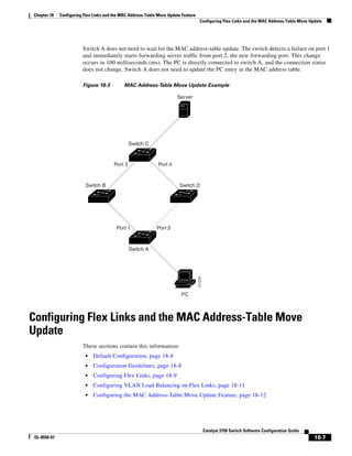 18-7
Catalyst 3750 Switch Software Configuration Guide
OL-8550-07
Chapter 18 Configuring Flex Links and the MAC Address-Table Move Update Feature
Configuring Flex Links and the MAC Address-Table Move Update
Switch A does not need to wait for the MAC address-table update. The switch detects a failure on port 1
and immediately starts forwarding server traffic from port 2, the new forwarding port. This change
occurs in 100 milliseconds (ms). The PC is directly connected to switch A, and the connection status
does not change. Switch A does not need to update the PC entry in the MAC address table.
Figure 18-3 MAC Address-Table Move Update Example
Configuring Flex Links and the MAC Address-Table Move
Update
These sections contain this information:
• Default Configuration, page 18-8
• Configuration Guidelines, page 18-8
• Configuring Flex Links, page 18-9
• Configuring VLAN Load Balancing on Flex Links, page 18-11
• Configuring the MAC Address-Table Move Update Feature, page 18-12
Switch C
Port 3
Port 1 Port 2
Port 4
Switch A
Switch B Switch D
Server
PC
141223
 