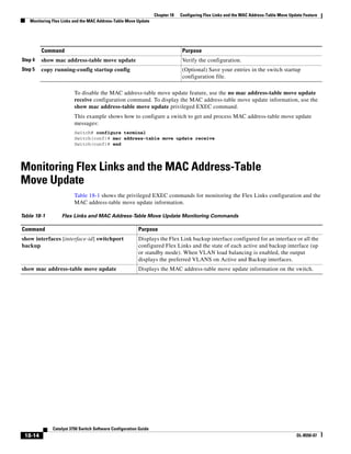 18-14
Catalyst 3750 Switch Software Configuration Guide
OL-8550-07
Chapter 18 Configuring Flex Links and the MAC Address-Table Move Update Feature
Monitoring Flex Links and the MAC Address-Table Move Update
To disable the MAC address-table move update feature, use the no mac address-table move update
receive configuration command. To display the MAC address-table move update information, use the
show mac address-table move update privileged EXEC command.
This example shows how to configure a switch to get and process MAC address-table move update
messages:
Switch# configure terminal
Switch(conf)# mac address-table move update receive
Switch(conf)# end
Monitoring Flex Links and the MAC Address-Table
Move Update
Table 18-1 shows the privileged EXEC commands for monitoring the Flex Links configuration and the
MAC address-table move update information.
Step 4 show mac address-table move update Verify the configuration.
Step 5 copy running-config startup config (Optional) Save your entries in the switch startup
configuration file.
Command Purpose
Table 18-1 Flex Links and MAC Address-Table Move Update Monitoring Commands
Command Purpose
show interfaces [interface-id] switchport
backup
Displays the Flex Link backup interface configured for an interface or all the
configured Flex Links and the state of each active and backup interface (up
or standby mode). When VLAN load balancing is enabled, the output
displays the preferred VLANS on Active and Backup interfaces.
show mac address-table move update Displays the MAC address-table move update information on the switch.
 
