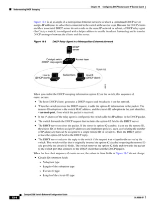 19-4
Catalyst 3750 Switch Software Configuration Guide
OL-8550-07
Chapter 19 Configuring DHCP Features and IP Source Guard
Understanding DHCP Snooping
Figure 19-1 is an example of a metropolitan Ethernet network in which a centralized DHCP server
assigns IP addresses to subscribers connected to the switch at the access layer. Because the DHCP clients
and their associated DHCP server do not reside on the same IP network or subnet, a DHCP relay agent
(the Catalyst switch) is configured with a helper address to enable broadcast forwarding and to transfer
DHCP messages between the clients and the server.
Figure 19-1 DHCP Relay Agent in a Metropolitan Ethernet Network
When you enable the DHCP snooping information option 82 on the switch, this sequence of
events occurs:
• The host (DHCP client) generates a DHCP request and broadcasts it on the network.
• When the switch receives the DHCP request, it adds the option-82 information in the packet. The
remote-ID suboption is the switch MAC address, and the circuit-ID suboption is the port identifier,
vlan-mod-port, from which the packet is received.
• If the IP address of the relay agent is configured, the switch adds this IP address in the DHCP packet.
• The switch forwards the DHCP request that includes the option-82 field to the DHCP server.
• The DHCP server receives the packet. If the server is option-82-capable, it can use the remote ID,
the circuit ID, or both to assign IP addresses and implement policies, such as restricting the number
of IP addresses that can be assigned to a single remote ID or circuit ID. Then the DHCP server
echoes the option-82 field in the DHCP reply.
• The DHCP server unicasts the reply to the switch if the request was relayed to the server by the
switch. The switch verifies that it originally inserted the option-82 data by inspecting the remote ID
and possibly the circuit ID fields. The switch removes the option-82 field and forwards the packet
to the switch port that connects to the DHCP client that sent the DHCP request.
When the described sequence of events occurs, the values in these fields in Figure 19-2 do not change:
• Circuit-ID suboption fields
– Suboption type
– Length of the suboption type
– Circuit-ID type
– Length of the circuit-ID type
Subscribers
Catalyst switch
(DHCP relay agent)
Host A
(DHCP client)
Access layer
DHCP
server
Host B
(DHCP client)
98813
VLAN 10
 