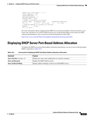 19-19
Catalyst 3750 Switch Software Configuration Guide
OL-8550-07
Chapter 19 Configuring DHCP Features and IP Source Guard
Displaying DHCP Server Port-Based Address Allocation
Subnet size (first/next) : 0 / 0
Total addresses : 254
Leased addresses : 0
Excluded addresses : 4
Pending event : none
1 subnet is currently in the pool:
Current index IP address range Leased/Excluded/Total
10.1.1.1 10.1.1.1 - 10.1.1.254 0 / 4 / 254
1 reserved address is currently in the pool
Address Client
10.1.1.7 Et1/0
For more information about configuring the DHCP server port-based address allocation feature, go to
Cisco.com, and enter Cisco IOS IP Addressing Services in the Search field to access the Cisco IOS
software documentation. You can also access the documentation at this URL:
http://www.cisco.com/en/US/docs/ios/ipaddr/command/reference/iad_book.html
Displaying DHCP Server Port-Based Address Allocation
To display the DHCP server port-based address allocation information, use one or more of the privileged
EXEC commands