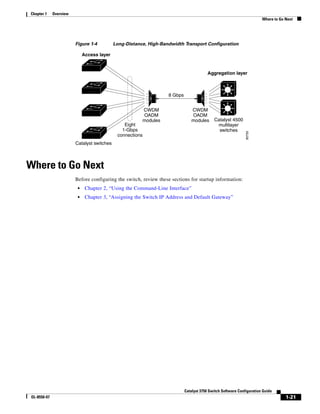 1-21
Catalyst 3750 Switch Software Configuration Guide
OL-8550-07
Chapter 1 Overview
Where to Go Next
Figure 1-4 Long-Distance, High-Bandwidth Transport Configuration
Where to Go Next
Before configuring the switch, review these sections for startup information:
• Chapter 2, “Using the Command-Line Interface”
• Chapter 3, “Assigning the Switch IP Address and Default Gateway”
95750
Access layer
Catalyst 4500
multilayer
switches
Eight
1-Gbps
connections
8 Gbps
Catalyst switches
CWDM
OADM
modules
CWDM
OADM
modules
Aggregation layer
 