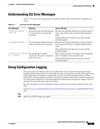 2-5
Catalyst 3750 Switch Software Configuration Guide
OL-8550-07
Chapter 2 Using the Command-Line Interface
Understanding CLI Error Messages
Understanding CLI Error Messages
Table 2-3 lists some error messages that you might encounter while using the CLI to configure your
switch.
Using Configuration Logging
You can log and view changes to the switch configuration. You can use the Configuration Change
Logging and Notification feature to track changes on a per-session and per-user basis. The logger tracks
each configuration command that is applied, the user who entered the command, the time that the
command was entered, and the parser return code for the command. This feature includes a mechanism
for asynchronous notification to registered applications whenever the configuration changes. You can
choose to have the notifications sent to the syslog.
For more information, see the Configuration Change Notification and Logging feature module at this
URL:
http://www.cisco.com/en/US/products/sw/iosswrel/ps5207/products_feature_guide09186a00801d1e81
.html
Note Only CLI or HTTP changes are logged.
Table 2-3 Common CLI Error Messages
Error Message Meaning How to Get Help
% Ambiguous command:
"show con"
You did not enter enough characters
for your switch to recognize the
command.
Re-enter the command followed by a question mark (?)
with a space between the command and the question
mark.
The possible keywords that you can enter with the
command appear.
% Incomplete command. You did not enter all the keywords or
values required by this command.
Re-enter the command followed by a question mark (?)
with a space between the command and the question
mark.
The possible keywords that you can enter with the
command appear.
% Invalid input detected
at ‘^’ marker.
You entered the command
incorrectly. The caret (^) marks the
point of the error.
Enter a question mark (?) to display all the commands
that are available in this command mode.
The possible keywords that you can enter with the
command appear.
 