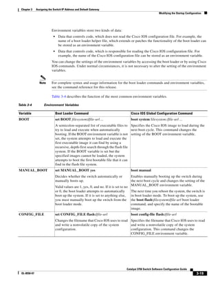 3-19
Catalyst 3750 Switch Software Configuration Guide
OL-8550-07
Chapter 3 Assigning the Switch IP Address and Default Gateway
Modifying the Startup Configuration
Environment variables store two kinds of data:
• Data that controls code, which does not read the Cisco IOS configuration file. For example, the
name of a boot loader helper file, which extends or patches the functionality of the boot loader can
be stored as an environment variable.
• Data that controls code, which is responsible for reading the Cisco IOS configuration file. For
example, the name of the Cisco IOS configuration file can be stored as an environment variable.
You can change the settings of the environment variables by accessing the boot loader or by using Cisco
IOS commands. Under normal circumstances, it is not necessary to alter the setting of the environment
variables.
Note For complete syntax and usage information for the boot loader commands and environment variables,
see the command reference for this release.
Table 3-4 describes the function of the most common environment variables.
Table 3-4 Environment Variables
Variable Boot Loader Command Cisco IOS Global Configuration Command
BOOT set BOOT filesystem:/file-url ...
A semicolon-separated list of executable files to
try to load and execute when automatically
booting. If the BOOT environment variable is not
set, the system attempts to load and execute the
first executable image it can find by using a
recursive, depth-first search through the flash file
system. If the BOOT variable is set but the
specified images cannot be loaded, the system
attempts to boot the first bootable file that it can
find in the flash file system.
boot system filesystem:/file-url ...
Specifies the Cisco IOS image to load during the
next boot cycle. This command changes the
setting of the BOOT environment variable.
MANUAL_BOOT set MANUAL_BOOT yes
Decides whether the switch automatically or
manually boots up.
Valid values are 1, yes, 0, and no. If it is set to no
or 0, the boot loader attempts to automatically
boot up the system. If it is set to anything else,
you must manually boot up the switch from the
boot loader mode.
boot manual
Enables manually booting up the switch during
the next boot cycle and changes the setting of the
MANUAL_BOOT environment variable.
The next time you reboot the system, the switch is
in boot loader mode. To boot up the system, use
the boot flash:filesystem:/file-url boot loader
command, and specify the name of the bootable
image.
CONFIG_FILE set CONFIG_FILE flash:/file-url
Changes the filename that Cisco IOS uses to read
and write a nonvolatile copy of the system
configuration.
boot config-file flash:/file-url
Specifies the filename that Cisco IOS uses to read
and write a nonvolatile copy of the system
configuration. This command changes the
CONFIG_FILE environment variable.
 