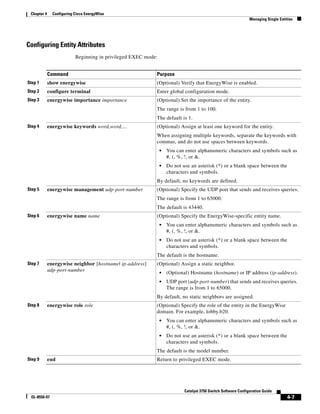 4-7
Catalyst 3750 Switch Software Configuration Guide
OL-8550-07
Chapter 4 Configuring Cisco EnergyWise
Managing Single Entities
Configuring Entity Attributes
Beginning in privileged EXEC mode:
Command Purpose
Step 1 show energywise (Optional) Verify that EnergyWise is enabled.
Step 2 configure terminal Enter global configuration mode.
Step 3 energywise importance importance (Optional) Set the importance of the entity.
The range is from 1 to 100.
The default is 1.
Step 4 energywise keywords word,word,... (Optional) Assign at least one keyword for the entity.
When assigning multiple keywords, separate the keywords with
commas, and do not use spaces between keywords.
• You can enter alphanumeric characters and symbols such as
#, (, %, !, or &.
• Do not use an asterisk (*) or a blank space between the
characters and symbols.
By default, no keywords are defined.
Step 5 energywise management udp-port-number (Optional) Specify the UDP port that sends and receives queries.
The range is from 1 to 65000.
The default is 43440.
Step 6 energywise name name (Optional) Specify the EnergyWise-specific entity name.
• You can enter alphanumeric characters and symbols such as
#, (, %, !, or &.
• Do not use an asterisk (*) or a blank space between the
characters and symbols.
The default is the hostname.
Step 7 energywise neighbor [hostname| ip-address]
udp-port-number
(Optional) Assign a static neighbor.
• (Optional) Hostname (hostname) or IP address (ip-address).
• UDP port (udp-port-number) that sends and receives queries.
The range is from 1 to 65000.
By default, no static neighbors are assigned.
Step 8 energywise role role (Optional) Specify the role of the entity in the EnergyWise
domain. For example, lobby.b20.
• You can enter alphanumeric characters and symbols such as
#, (, %, !, or &.
• Do not use an asterisk (*) or a blank space between the
characters and symbols.
The default is the model number.
Step 9 end Return to privileged EXEC mode.
 