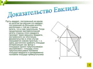 Пусть квадрат, построенный на одном из катетов (на рисунке это квадрат, построенный на большем катете), расположен с той же стороны катета, что и сам треугольник. Тогда продолжение противоположной катету стороны этого квадрата проходит через вершину квадрата, построенного на гипотенузе. Доказательство в этом случае оказывается совсем простым, т. к. здесь достаточно сравнить площади интересующих нас фигур с площадью одного треугольника(он заштрихован) - площадь этого треугольника равна половине площади квадрата и одновременно половине площади прямоугольника Доказательство Евклида. 