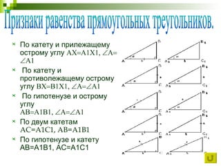 По катету и прилежащему острому углу   По катету и противолежащему острому углу   По гипотенузе и острому углу  По двум катетам AC=A1C1, AB=A1B1 По гипотенузе и катету AB=A1B1, AC=A1C1  Признаки равенства прямоугольных треугольников. 