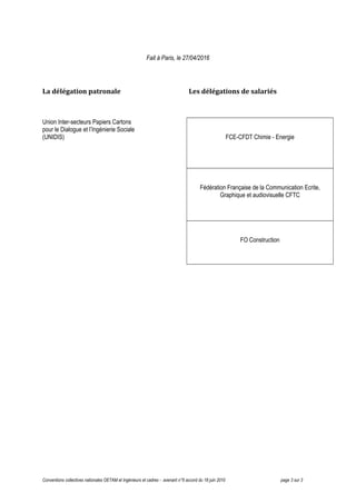 Fait à Paris, le 27/04/2016
La délégation patronale Les délégations de salariés
Union Inter-secteurs Papiers Cartons
pour ...