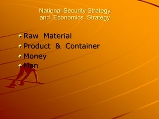 National Security Strategy
and Economics Strategy
Raw Material
Product & Container
Money
Man
 