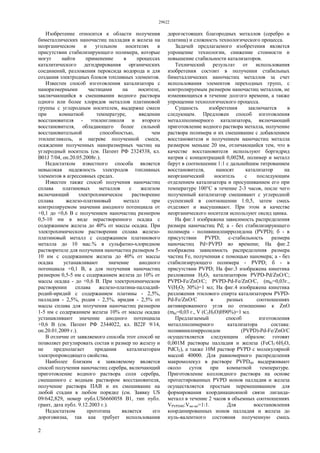 29622
2
Изобретение относится к области получения
биметаллических наночастиц палладия и железа на
неорганическом и угольном носителях в
присутствии стабилизирующего полимера, которые
могут найти применение в процессах
каталитического дегидрирования органических
соединений, разложения пероксида водорода и для
создания электродных блоков топливных элементов.
Известен способ изготовления катализатора с
наноразмерными частицами на носителе,
заключающийся в смешивании водного раствора
одного или более хлоридов металлов платиновой
группы с углеродным носителем, выдержке смеси
при комнатной температуре, введении
восстановителя - этиленгликоля и второго
восстановителя, обладающего более сильной
восстановительной способностью, чем
этиленгликоль, и нагреве полученной смеси,
осаждении полученных наноразмерных частиц на
углеродный носитель (см. Патент РФ 2324538, кл.
В01J 7/04, оп.20.05.2008г.).
Недостатком известного способа является
невысокая надежность электродов топливных
элементов в агрессивных средах.
Известен также способ получения наночастиц
сплава платиновых металлов с железом
включающий электрохимическое растворение
сплава железо-платиновый металл при
контролируемом значении анодного потенциала от
+0,1 до +0,6 В с получением наночастиц размером
0,5-10 нм в виде нерастворенного осадка с
содержанием железа до 40% от массы осадка. При
электрохимическом растворении сплава железо-
платиновый металл с содержанием платинового
металла до 10 мас.% в сульфатно-хлоридном
растворителе для получения наночастиц размером 5-
10 нм с содержанием железа до 40% от массы
осадка устанавливают значение анодного
потенциала +0,1 В, а для получения наночастиц
размером 0,5-5 нм с содержанием железа до 10% от
массы осадка - до +0,6 В. При электрохимическом
растворении сплава железо-платина-палладий-
родий-иридий с содержанием платины - 2,5%,
палладия - 2,5%, родия - 2,5%, иридия - 2,5% от
массы сплава для получения наночастиц размером
1-5 нм с содержанием железа 10% от массы осадка
устанавливают значение анодного потенциала
+0,6 В (см. Патент РФ 2344022, кл. B22F 9/14,
оп.20.01.2009 г.).
В отличие от заявляемого способа этот способ не
позволяет регулировать состав и размер по железу и
не предполагает придания катализаторам
электропроводящего свойства.
Наиболее близким к заявляемому является
способ получения наночастиц серебра, включающий
приготовление водного раствора соли серебра,
смешанного с водным раствором восстановителя,
получение раствора ПАВ и их смешивание на
любой стадии в любом порядке (см. Заявку US
09/642,829, номер публ.US6660058 В1, тип публ.
грант, дата публ. 9.12.2003 г.).
Недостатком прототипа является его
дороговизна, так как требует использования
дорогостоящих благородных металлов (серебро и
платина) и сложность технологического процесса.
Задачей предлагаемого изобретения является
упрощение технологии, снижение стоимости и
повышение стабильности катализаторов.
Технический результат от использования
изобретения состоит в получении стабильных
биметаллических наночастиц металлов за счет
использования элементов переходных групп, с
контролируемым размером наночастиц металлов, не
изменяющихся в течение долгого времени, а также
упрощении технологического процесса.
Сущность изобретения заключается в
следующем. Предложен способ изготовления
металлполимерного катализатора, включающий
приготовление водного раствора металла, получение
раствора полимера и их смешивание с добавлением
восстановителя и получением наночастиц металла
размером меньше 20 нм, отличающийся тем, что в
качестве восстановителя используют боргидрид
натрия с концентрацией 0,002М, полимер и металл
берут в соотношении 1:1 с дальнейшим титрованием
восстановителя, наносят катализатор на
неорганический носитель с последующим
отделением катализатора и просушиванием его при
температуре 100°С в течение 2-3 часов, после чего
полученный катализатор смешивают с углеродной
суспензией в соотношении 1:0,5, затем смесь
отделяют и высушивают. При этом в качестве
неорганического носителя используют оксид цинка.
На фиг.1 изображена зависимость распределения
размера наночастиц Pd; а - без стабилизирующего
полимера - поливинилпирролидона (PVPD); б - в
присутствии PVPD; с-стабильность размера
наночастиц Pd+PVPD во времени; На фиг.2
изображена зависимость распределения размера
частиц Fe, полученная с помощью наномера; а - без
стабилизирующего полимера - PVPD; б - в
присутствии PVPD; Ha фиг.3 изображена кинетика
разложения Н2O2 катализатором PVPD-Pd/ZnO/C;
PVPD-Fe/ZnO/C; PVPD-Pd-Fe/ZnO/C, (mkt=0,03г.,
V(H2О2 30%)=1 мл; На фиг.4 изображена кинетика
разложения этилового спирта катализатором PVPD-
Pd-Fe/ZnO/С в разных соотношениях
активированного угля по отношению к ZnO
(mkt=0,03 г., V (С2Н5O)Н90%)=1 мл.
Предлагаемый способ изготовления
металлполимерного катализатора состава:
поливинилпирролидон (PVPD)-Pd-Fe/ZnO/C
осуществляется следующим образом: готовят
0,001М растворы палладия и железа (FeCl3·6H2О,
PdCl2), а также 10М раствор PVPD с молекулярной
массой 40000. Для равномерного распределения
макромолекул в растворе PVPD40 выдерживают
около суток при комнатной температуре.
Приготовление коллоидного раствора на основе
протестированных PVPD ионов палладия и железа
осуществляется простым перемешиванием для
формирования координационной связи лиганда-
металл в течение 2 часов в объемных соотношениях
VPVPD40:Vмe-мe=1:1. Для восстановления
координированных ионов палладия и железа до
нуль-валентного состояния полученную смесь
 