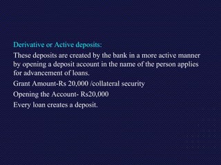 Derivative or Active deposits:
These deposits are created by the bank in a more active manner
by opening a deposit account in the name of the person applies
for advancement of loans.
Grant Amount-Rs 20,000 /collateral security
Opening the Account- Rs20,000
Every loan creates a deposit.
 