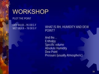 38
WORKSHOP
PLOT THE POINT
DRY BULB – 95 DEG F
WET BULB – 78 DEG F WHAT IS RH, HUMIDITY AND DEW
POINT?
And the…
Enthalpy
Specific volume
Absolute Humidity
Dew Point
Pressure (usually Atmospheric)
 