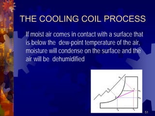 51
THE COOLING COIL PROCESS
If moist air comes in contact with a surface that
is below the dew-point temperature of the air,
moisture will condense on the surface and the
air will be dehumidified
 