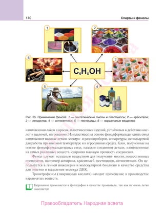 140 Спирты и фенолы
изготовления лаков и красок, пластмассовых изделий, устойчивых к действию кис-
лот и щелочей, нагреванию. Из пластмасс на основе фенолформальдегидных смол
изготовляют важные детали электро- и радиоприборов, аппаратуры, используемой
для работы при высокой температуре и в агрессивных средах. Клеи, полученные на
основе фенолформальдегидных смол, надежно соединяют детали, изготовленные
из самых различных веществ, сохраняя высокую прочность соединения.
Фенол служит исходным веществом для получения многих лекарственных
препаратов, например аспирина, красителей, пестицидов, антисептиков. Он ис-
пользуется в генной инженерии и молекулярной биологии в качестве средства
для очистки и выделения молекул ДНК.
Тринитрофенол (пикриновая кислота) находит применение в производстве
взрывчатых веществ.
Гидрохинон применяется в фотографии в качестве проявителя, так как он очень легко
окисляется.
Рис. 55. Применение фенола: 1 — синтетические смолы и пластмассы; 2 — красители;
3 — лекарства; 4 — антисептики; 5 — пестициды; 6 — взрывчатые вещества
Народная
асвета
Правообладатель Народная асвета
 