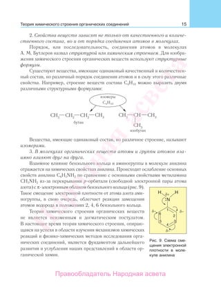 15
2. Свойства веществ зависят не только от качественного и количе-
ственного состава, но и от порядка соединения атомов в молекулах.
Порядок, или последовательность, соединения атомов в молекулах
А. М. Бутлеров назвал структурой или химическим строением. Для изобра-
жения химического строения органических веществ используют структурные
формулы.
Существуют вещества, имеющие одинаковый качественный и количествен-
ный состав, но различный порядок соединения атомов и в силу этого различные
свойства. Например, строение веществ состава С4Н10 можно выразить двумя
различными структурными формулами:
Вещества, имеющие одинаковый состав, но различное строение, называют
изомерами.
3. В молекулах органических веществ атомы и группы атомов вза-
имно влияют друг на друга.
Взаимное влияние бензольного кольца и аминогруппы в молекуле анилина
отражается на химических свойствах анилина. Происходит ослабление основных
свойств анилина C6H5NH2 по сравнению с основными свойствами метиламина
CH3NH2 из-за перекрывания р-орбитали (свободной электронной пары атома
азота) с π-электронным облаком бензольного кольца (рис. 9).
Такое смещение электронной плотности от атома азота ами-
ногруппы, в свою очередь, облегчает реакции замещения
атомов водорода в положениях 2, 4, 6 бензольного кольца.
Теория химического строения органических веществ
не является неизменным и догматическим постулатом.
В настоящее время теория химического строения, опираю-
щаяся на успехи в области изучения механизмов химических
реакций и физико-химических методов исследования орга-
нических соединений, является фундаментом дальнейшего
развития и углубления наших представлений в области ор-
ганической химии.
Рис. 9. Схема сме-
щения электронной
плотности в моле-
куле анилина
Теория химического строения органических соединений
Народная
асвета
Правообладатель Народная асвета
 