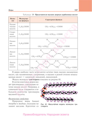 197
Таблица 29. Представители высших жирных карбоновых кислот
Назва-
ние
Молекуляр-
ная формула
Структурная формула
Пальми-
тиновая
кислота
С15Н31СООН СН3—(СН2)14—СООН
Стеари-
новая
кислота
С17Н35СООН СН3—(СН2)16—СООН
Олеино-
вая
кислота
CI7H33COOH
Линоле-
вая
кислота
С17 Н31СООН
Линоле-
новая
кислота
С17Н29СООН
В жирах наиболее часто встречаются остатки таких высших насыщенных
кислот, как пальмитиновая, стеариновая, и высших в разной степени ненасы-
щенных кислот — олеиновой, линолевой, линоленовой.
Модель молекулы тристеарата показана на рисунке 81.
В состав некоторых жиров вхо-
дят триглицериды, содержащие ос-
татки низших кислот. Например, в
сливочном масле содержится в не-
большом количестве триглицерид
масляной кислоты.
Физические свойства
Природные жиры бывают
твердые и жидкие, последние на-
зывают маслами. Агрегатное со-
Рис. 81. Масштабная модель молекулы три-
стеарата
Жиры
Народная
асвета
Правообладатель Народная асвета
 