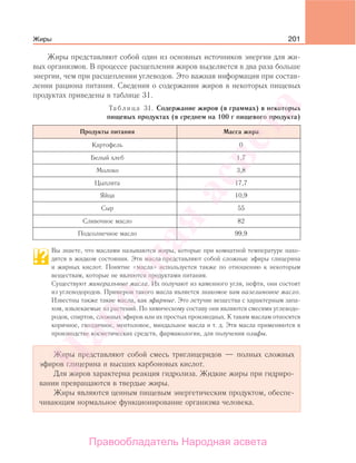 201
Жиры представляют собой один из основных источников энергии для жи-
вых организмов. В процессе расщепления жиров выделяется в два раза больше
энергии, чем при расщеплении углеводов. Это важная информация при состав-
лении рациона питания. Сведения о содержании жиров в некоторых пищевых
продуктах приведены в таблице 31.
Таблица 31. Содержание жиров (в граммах) в некоторых
пищевых продуктах (в среднем на 100 г пищевого продукта)
Продукты питания Масса жира
Картофель 0
Белый хлеб 1,7
Молоко 3,8
Цыплята 17,7
Яйца 10,9
Сыр 55
Сливочное масло 82
Подсолнечное масло 99,9
Вы знаете, что маслами называются жиры, которые при комнатной температуре нахо-
дятся в жидком состоянии. Эти масла представляют собой сложные эфиры глицерина
и жирных кислот. Понятие «масла» используется также по отношению к некоторым
веществам, которые не являются продуктами питания.
Существуют минеральные масла. Их получают из каменного угля, нефти, они состоят
из углеводородов. Примером такого масла является знакомое вам вазелиновое масло.
Известны также такие масла, как эфирные. Это летучие вещества с характерным запа-
хом, извлекаемые из растений. По химическому составу они являются смесями углеводо-
родов, спиртов, сложных эфиров или их простых производных. К таким маслам относятся
коричное, гвоздичное, ментоловое, миндальное масла и т. д. Эти масла применяются в
производстве косметических средств, фармакологии, для получения олифы.
Жиры представляют собой смесь триглицеридов — полных сложных
эфиров глицерина и высших карбоновых кислот.
Для жиров характерна реакция гидролиза. Жидкие жиры при гидриро-
вании превращаются в твердые жиры.
Жиры являются ценным пищевым энергетическим продуктом, обеспе-
чивающим нормальное функционирование организма человека.
Жиры
Народная
асвета
Правообладатель Народная асвета
 