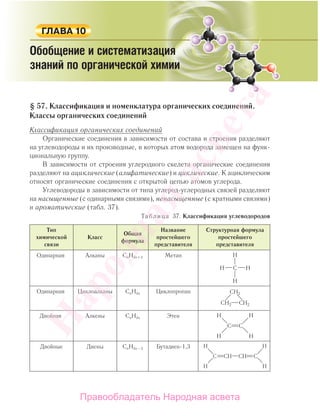 § 57. Классификация и номенклатура органических соединений.
Классы органических соединений
Классификация органических соединений
Органические соединения в зависимости от состава и строения разделяют
на углеводороды и их производные, в которых атом водорода замещен на функ-
циональную группу.
В зависимости от строения углеродного скелета органические соединения
разделяют на ациклические (алифатические) и циклические. К ациклическим
относят органические соединения с открытой цепью атомов углерода.
Углеводороды в зависимости от типа углерод-углеродных связей разделяют
на насыщенные (с одинарными связями), ненасыщенные (с кратными связями)
и ароматические (табл. 37).
Таблица 37. Классификация углеводородов
Тип
химической
связи
Класс
Общая
формула
Название
простейшего
представителя
Структурная формула
простейшего
представителя
Одинарная Алканы CnH2n+2 Метан
Одинарная Циклоалканы CnH2n Циклопропан CH2
CH2 CH2
Двойная Алкены CnH2n Этен
Двойные Диены CnH2n–2 Бутадиен-1,3
Народная
асвета
Правообладатель Народная асвета
 