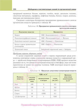 288 Обобщение и систематизация знаний по органической химии
продукцией являются: бензин, керосин, газойль, мазут, дизельное топливо,
смазочные материалы, парафины, нефтяные битумы, бензол, толуол, ксилолы,
присадки для минеральных масел.
Сведения о некоторых белорусских предприятиях промышленного синтеза
органических веществ приведены в таблице 40.
Таблица 40. Предприятия промышленного синтеза некоторых
органических веществ
Получаемое вещество Предприятия
Капрон ОАО «Гроднохимволокно», г. Гродно
Полиэтилентерефталат (лавсан) ОАО «Могилевхимволокно», г. Могилев
Полиэтилен высокого давления ОАО «Полимир», г. Новополоцк
Бензол и другие ароматические
углеводороды
ОАО «Нафтан», г. Новополоцк
Технический этанол Бобруйский гидролизный завод, г. Бобруйск
Проблемы охраны здоровья людей
С целью сохранения здоровья людей и охраны окружающей среды уста-
новлены санитарные нормы содержания вредных веществ в окружающей сре-
де — предельно допустимая концентрация (ПДК). ПДК вредного вещества
указывает на то, что данная концентрация вещества в атмосфере, воде или почве
практически не влияет на здоровье человека. ПДК некоторых веществ приве-
дены в таблице 41.
Таблица 41. Предельно допустимые концентрации веществ
Название
вещества
ПДК, мг/м3
Временно
допустимая
концентрация,
мг/м3
в воздухе
рабочей
зоны
среднесуточная
в воздухе
в воде
(мг/дм3
)
Этен 100 3 0,5
Бутены 100 3 0,2
Бензол 5 0,1 0,5
Стирол 10 0,002 0,1
1,2-Дихлорэтан 10 1 0,02
Народная
асвета
Правообладатель Народная асвета
 