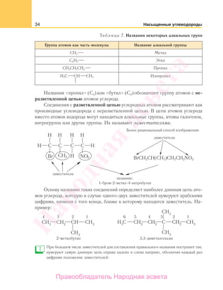 34 Насыщенные углеводороды
Таблица 7. Названия некоторых алкильных групп
Группа атомов как часть молекулы Название алкильной группы
СН3 Метил
С2Н5 Этил
СН3СН2СН2 Пропил
Н3С СН СН3 Изопропил
Названия «пропил» (С3) или «бутил» (С4) обозначают группу атомов с не-
разветвленной цепью атомов углерода.
Соединения с разветвленной цепью углеродных атомов рассматривают как
производные углеводорода с неразветвленной цепью. В цепи атомов углерода
вместо атомов водорода могут находиться алкильные группы, атомы галогенов,
нитрогруппа или другие группы. Их называют заместителями.
заместители
заместители
название:
1-бром-2-метил-4-нитробутан
Более рациональный способ изображения:
BrCH2CH(CH3)CH2CH2NO2
Основу названия таких соединений определяет наиболее длинная цепь ато-
мов углерода, которую в случае одного-двух заместителей нумеруют арабскими
цифрами, начиная с того конца, ближе к которому находится заместитель. На-
пример:
При большем числе заместителей для составления правильного названия поступают так:
нумеруют самую длинную цепь справа налево и слева направо, обозначая каждый раз
цифрами положение заместителей:
Народная
асвета
Правообладатель Народная асвета
 