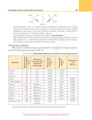 39
Чтобы убедиться в том, что стереоизомеры 2-бромбутана отличаются друг от друга,
лучше всего построить модели этих структур и попытаться совместить их друг с другом.
2-Бромбутан существует в виде двух различных изомеров, поскольку построенные мо-
дели при наложении не совмещаются друг с другом.
Стереоизомеры молекулы 2-бромбутана называют энантиомерами.
Нас окружает множество вещей, имеющих такие пространственные различия: перчатки,
туфли, ракушки и т. д. Простейшим примером энантиомеров являются ладони: отраже-
ние в зеркале левой ладони выглядит как правая ладонь.
Физические свойства
Физические свойства алканов рассмотрим на примере некоторых предста-
вителей гомологического ряда (табл. 9).
Таблица 9. Важнейшие физические свойства некоторых алканов
Название
Относительная
молекулярная
масса
Агрегатное
состояние при
комнатной
температуре
Температура
плавления,
°С
Температура
кипения,
°С
Плотность,
г/см3
(20 °С)
Метан 16 Газ −182,6 −161,6
Этан 30 Газ −183,3 −88,5
Пропан 44 Газ −187,1 −42,2
Бутан 58 Газ −138,4 −0,5 0,601*
2-Метилпропан 58 Газ −145,0 −10,2 0,590*
Пентан 72 Жидкость −129,7 36,1 0,626
Гексан 86 Жидкость −94,0 68,7 0,659
Гептан 100 Жидкость −90,5 98,4 0,684
Октан 114 Жидкость −56,8 125,7 0,703
Нонан 128 Жидкость −53,7 150,8 0,718
Декан 142 Жидкость −29,7 174,1 0,730
Эйкозан С20Н42 282 Твердое
вещество
+36,4 0,778
Звездочкой в таблице отмечена плотность вещества при температуре 0 °С.
Изомерия и физические свойства алканов
Народная
асвета
Правообладатель Народная асвета
 