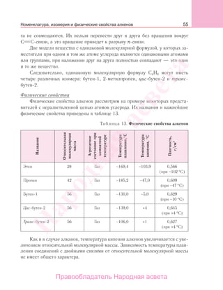 55
га не совмещаются. Их нельзя перевести друг в друга без вращения вокруг
С С-связи, а это вращение приведет к разрыву π-связи.
Две модели вещества с одинаковой молекулярной формулой, у которых за-
местители при одном и том же атоме углерода являются одинаковыми атомами
или группами, при наложении друг на друга полностью совпадают — это одно
и то же вещество.
Следовательно, одинаковую молекулярную формулу С4Н8 могут иметь
четыре различных изомера: бутен-1, 2-метилпропен, цис-бутен-2 и транс-
бутен-2.
Физические свойства
Физические свойства алкенов рассмотрим на примере некоторых предста-
вителей с неразветвленной цепью атомов углерода. Их названия и важнейшие
физические свойства приведены в таблице 13.
Таблица 13. Физические свойства алкенов
Название
Относительная
молекулярная
масса
Агрегатное
состояниепри
комнатной
температуре
Температура
плавления,°С
Температура
кипения,°С
Плотность,
г/см3
Этен 28 Газ −169,4 −103,9 0,566
(при −102 °С)
Пропен 42 Газ −185,2 −47,0 0,609
(при −47 °С)
Бутен-1 56 Газ −130,0 −5,0 0,629
(при −10 °С)
Цис-бутен-2 56 Газ −139,0 +4 0,645
(при +4 °С)
Транс-бутен-2 56 Газ −106,0 +1 0,627
(при +4 °С)
Как и в случае алканов, температура кипения алкенов увеличивается с уве-
личением относительной молекулярной массы. Зависимость температуры плав-
ления соединений с двойными связями от относительной молекулярной массы
не имеет общего характера.
Номенклатура, изомерия и физические свойства алкенов
Народная
асвета
Правообладатель Народная асвета
 
