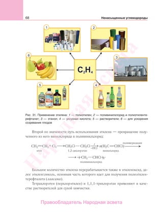 68 Ненасыщенные углеводороды
Рис. 31. Применение этилена: 1 — полиэтилен; 2 — поливинилхлорид и полиэтиленте-
рефталат; 3 — этанол; 4 — уксусная кислота; 5 — растворители; 6 — для ускорения
созревания плодов
Второй по значимости путь использования этилена — превращение полу-
ченного из него винилхлорида в поливинилхлорид:
( СH2 CHCl )n
поливинилхлорид
этен 1,2-дихлорэтан винилхлорид
+ Cl2
t
−HCl
CH2Cl n(H2C CHCl)CH2Cl
полимеризация
CH2 CH2
⎯→⎯
⎯→⎯ ⎯→⎯ ⎯ →⎯
Большое количество этилена перерабатывается также в этиленоксид, да-
лее этиленгликоль, основная часть которого идет для получения полиэтилен-
терефталата (лавсана).
Тетрахлорэтен (перхлорэтилен) и 1,1,1-трихлорэтан применяют в каче-
стве растворителей для сухой химчистки.
Народная
асвета
Правообладатель Народная асвета
 
