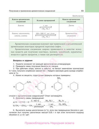 93
Классы органических
соединений
Условия превращений
Классы органических
соединений
Алкены t
t
,
, ,
кат.
H Ni+
⎯ →⎯⎯⎯⎯← ⎯⎯⎯⎯⎯
2
Диены
Алканы, циклоалканы,
алкены, алкины
450 500
2
— ,
, ,
°
+
⎯ →⎯⎯⎯⎯⎯⎯⎯⎯← ⎯⎯⎯⎯⎯⎯⎯⎯⎯
C угольакт.
H Ni t
Ароматические
соединения
Ароматические соединения получают при термической и каталитической
ароматизации некоторых продуктов перегонки нефти.
Ароматические соединения широко применяются в качестве исход-
ных веществ для получения пластмасс, волокон, красителей, взрывчатых
веществ и других продуктов, а также как растворители.
Вопросы и задания
1. Укажите основной тип реакций ароматических углеводородов.
2. Приведите схему получения бензола из гексана.
3. При действии хлора, взятого в избытке, на бензол химическим количеством
0,1 моль получили хлорбензол массой 9,8 г. Найдите массовую долю выхода хлорбен-
зола (в %).
4. Какие из веществ, структурные формулы которых приведены:
относят к ароматическим соединениям? Ответ мотивируйте.
5. Дополните схемы превращений:
а) Н С С Н
CC H Ni Br, , , ,
;
450 3 2 2°
⎯ →⎯⎯⎯⎯⎯ … ⎯ →⎯⎯⎯⎯⎯ … ⎯ →⎯⎯⎯⎯ …
t hν
б) СН3 (СН2)5 CН3
t, t,
.⎯ →⎯⎯⎯⎯ …
−
⎯ →⎯⎯⎯ … ⎯ →⎯⎯⎯⎯ …
H23циклизация
кат. кат. AlCl,Cl2 3
6. Вычислите выход циклогексана (в %), если при превращении бензола в цик-
логексан был получен циклогексан массой 6,05 г и при этом поглотился водород
объемом (н. у.) 6,1 дм3
.
Продолжение
Получение и применение ароматических соединений
Народная
асвета
Правообладатель Народная асвета
 