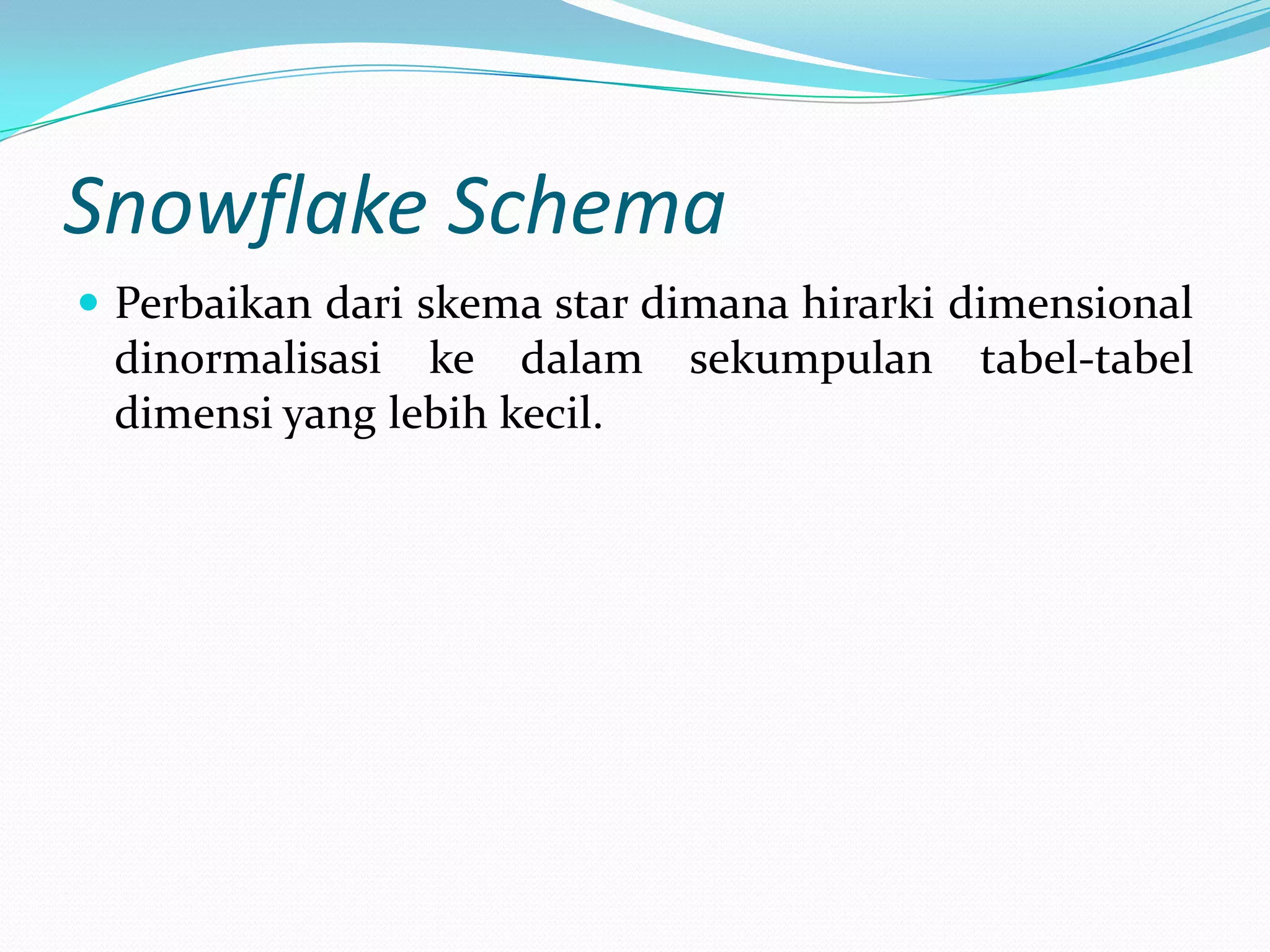 Snowflake Schema
 Perbaikan dari skema star dimana hirarki dimensional
dinormalisasi ke dalam sekumpulan tabel-tabel
dimensi yang lebih kecil.
 