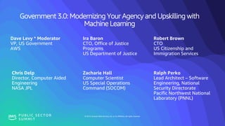 © 2019, Amazon Web Services, Inc. or its affiliates. All rights reserved.P U B L I C S E C T O R
S U M M I T
Government 3.0: Modernizing Your Agency and Upskilling with
Machine Learning
Dave Levy * Moderator
VP, US Government
AWS
Ira Baron
CTO, Office of Justice
Programs
US Department of Justice
Robert Brown
CTO
US Citizenship and
Immigration Services
Chris Delp
Director, Computer Aided
Engineering
NASA JPL
Zacharie Hall
Computer Scientist
US Special Operations
Command (SOCOM)
Ralph Perko
Lead Architect – Software
Engineering, National
Security Directorate
Pacific Northwest National
Laboratory (PNNL)
 