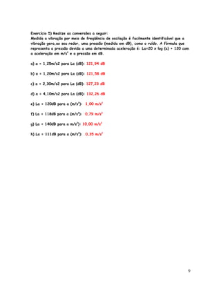 Exercício 5) Realize as conversões a seguir:
Medida a vibração por meio de freqüência de oscilação é facilmente identificável que a
vibração gera,ao seu redor, uma pressão (medida em dB), como o ruído. A fórmula que
representa a pressão devida a uma determinada aceleração é: La=20 x log (a) + 120 com
a aceleração em m/s2 e a pressão em dB.

a) a = 1,25m/s2 para La (dB): 121,94 dB

b) a = 1,20m/s2 para La (dB): 121,58 dB

c) a = 2,30m/s2 para La (dB): 127,23 dB

d) a = 4,10m/s2 para La (dB): 132,26 dB

e) La = 120dB para a (m/s2): 1,00 m/s2

f) La = 118dB para a (m/s2): 0,79 m/s2

g) La = 140dB para a m/s2): 10,00 m/s2

h) La = 111dB para a (m/s2): 0,35 m/s2




                                                                                     9
 