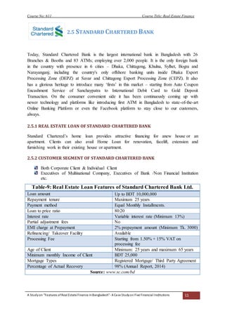 Course No: 611 Course Title: Real Estate Finance
A Studyon “Features ofReal Estate Finance inBangladesh”- A Case Studyon Five Financial Institutions 11
2.5 STANDARD CHARTERED BANK
Today, Standard Chartered Bank is the largest international bank in Bangladesh with 26
Branches & Booths and 83 ATMs; employing over 2,000 people. It is the only foreign bank
in the country with presence in 6 cities – Dhaka, Chittagong, Khulna, Sylhet, Bogra and
Narayanganj; including the country's only offshore banking units inside Dhaka Export
Processing Zone (DEPZ) at Savar and Chittagong Export Processing Zone (CEPZ). It also
has a glorious heritage to introduce many ‘firsts’ in this market – starting from Auto Coupon
Encashment Service of Sanchaypatra to International Debit Card to Gold Deposit
Transaction. On the consumer convenient side it has been continuously coming up with
newer technology and platforms like introducing first ATM in Bangladesh to state-of-the-art
Online Banking Platform or even the Facebook platform to stay close to our customers,
always.
2.5.1 REAL ESTATE LOAN OF STANDARD CHARTERED BANK
Standard Chartered’s home loan provides attractive financing for anew house or an
apartment. Clients can also avail Home Loan for renovation, facelift, extension and
furnishing work in their existing house or apartment.
2.5.2 CUSTOMER SEGMENT OF STANDARD CHARTERED BANK
Both Corporate Client & Individual Client
Executives of Multinational Company, Executives of Bank /Non Financial Institution
etc.
Table-9: Real Estate Loan Features of Standard Chartered Bank Ltd.
Loan amount Up to BDT 10,000,000
Repayment tenure Maximum 25 years
Payment method Equal Monthly Installments.
Loan to price ratio 80:20
Interest rate Variable interest rate (Minimum 13%)
Partial adjustment fees No
EMI charge at Prepayment 2% prepayment amount (Minimum Tk. 3000)
Refinancing/ Takeover Facility Available
Processing Fee Starting from 1.50% + 15% VAT on
processing fee
Age of Client Minimum: 25 years and maximum 65 years
Minimum monthly Income of Client BDT 25,000
Mortgage Types Registered Mortgage/ Third Party Agreement
Percentage of Actual Recovery 98% (Annual Report, 2014)
Source: www.sc.com/bd
 