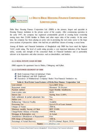 Course No: 611 Course Title: Real Estate Finance
A Studyon “Features ofReal Estate Finance inBangladesh”- A Case Studyon Five Financial Institutions 5
2.2 DELTA BRAC HOUSING FINANCE CORPORATION
LIMITED (DBH)
Delta Brac Housing Finance Corporation Ltd. (DBH) is the pioneer, largest and specialist in
Housing Finance institution in the private sector of the country. After commencing operation in
the early 1997, the company has registered commendable growth in creating home ownership
among more than 23,000 families in Dhaka and other major cities of the country. At the same
time, the company has been playing an active role in promoting the real estate sector to the large
cross sections of prospective clients who had but yet unfulfilled dream of owning a sweet home.
Among all Banks and Financial Institutions of Bangladesh only DBH has been rated the highest
'AAA' credit rating. The level of credit rating provides a very important indication of the financial
safety, security and strength of the concerned Bank or Financial Institution and is particularly
relevant to its depositors and other investors such as shareholders and lenders.
2.2.1 REAL ESTATE LOAN OF DBH
DBH supports for apartment loan in Dhaka, Chittagong and Sylhet.
2.2.2 CUSTOMER SEGMENT OF DBH
Both Corporate Client & Individual Client.
Both Employed and Self- Employed.
Executives of Multinational Company/ Banks/ Non Financial Institution etc.
Table-6: Real Estate Loan Features of Delta Brac Finance Corporation Ltd.
Loan amount Up to BDT 20 lac.
Repayment tenure Maximum 20-30 years.
Payment method Equal Monthly Installments.
Loan to price ratio 80:20
Interest rate Starting from 12.00%.
Early settlement & partial adjustment fees Yes.
Hidden cost Yes.
Refinancing/ Takeover Facility Available
Processing Fee Up to 0.5% of Loan Amount.
Charges of Tenure 2000 tk.
Minimum monthly Income of Client BDT 25,000.
Charge/Partial Release of Security 5000 tk.
Mortgage & Redemption cost At Actual.
Amortization (Breakdown of Repayment) Free.
EMI charge at Prepayment 1000 tk.
Percentage of Actual Recovery 89.23% (Annual Report, 2014).
Source: www.deltabrac.com
 