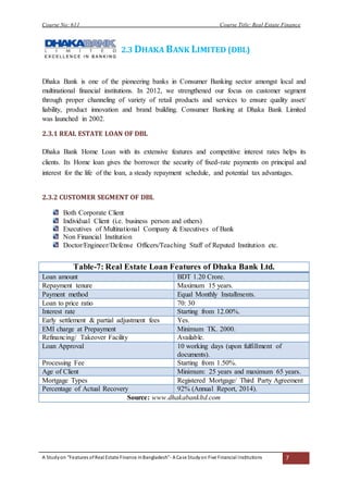 Course No: 611 Course Title: Real Estate Finance
A Studyon “Features ofReal Estate Finance inBangladesh”- A Case Studyon Five Financial Institutions 7
2.3 DHAKA BANK LIMITED (DBL)
Dhaka Bank is one of the pioneering banks in Consumer Banking sector amongst local and
multinational financial institutions. In 2012, we strengthened our focus on customer segment
through proper channeling of variety of retail products and services to ensure quality asset/
liability, product innovation and brand building. Consumer Banking at Dhaka Bank Limited
was launched in 2002.
2.3.1 REAL ESTATE LOAN OF DBL
Dhaka Bank Home Loan with its extensive features and competitive interest rates helps its
clients. Its Home loan gives the borrower the security of fixed-rate payments on principal and
interest for the life of the loan, a steady repayment schedule, and potential tax advantages.
2.3.2 CUSTOMER SEGMENT OF DBL
Both Corporate Client
Individual Client (i.e. business person and others)
Executives of Multinational Company & Executives of Bank
Non Financial Institution
Doctor/Engineer/Defense Officers/Teaching Staff of Reputed Institution etc.
Table-7: Real Estate Loan Features of Dhaka Bank Ltd.
Loan amount BDT 1.20 Crore.
Repayment tenure Maximum 15 years.
Payment method Equal Monthly Installments.
Loan to price ratio 70: 30
Interest rate Starting from 12.00%.
Early settlement & partial adjustment fees Yes.
EMI charge at Prepayment Minimum TK. 2000.
Refinancing/ Takeover Facility Available.
Loan Approval 10 working days (upon fulfillment of
documents).
Processing Fee Starting from 1.50%.
Age of Client Minimum: 25 years and maximum 65 years.
Mortgage Types Registered Mortgage/ Third Party Agreement
Percentage of Actual Recovery 92% (Annual Report, 2014).
Source: www.dhakabankltd.com
 