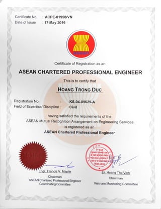 Certificate No.
Date of Issue
ACPE-01958/VN
17 May 2016
Certificate of Registration as an
ASEAN CHARTERED PROFESSIONAL ENGINEER
This is to certify that
HOANG TRONG DUC
Registration No. KS-04-09629-A
Field of Expertise/ Discipline Civil
having satisfied the requirementsof the
ASEAN MutualRecognitionArrangement on Engineering Services
is registeredas an
ASEAN CharteredProfessional Engineer
BAN
c.
r F an is V Ma il Er, HoanqTho Vinh
Chairman Chairman
ASEAN CharteredProfessionalEngineer
CoordinatingCommittee Vietnam Monitoring Committee
 